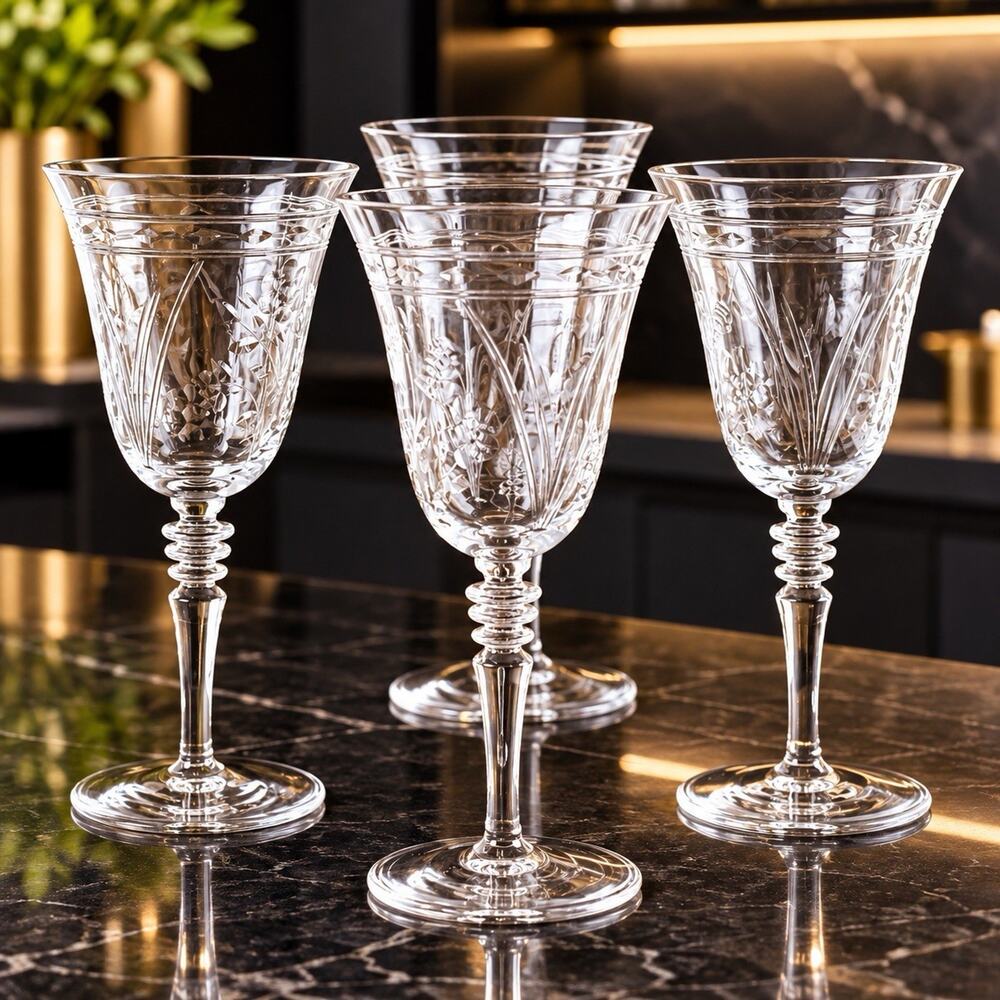 Rock Sharpe Libbey Fernwood Polished Water Goblets Set 4 Etched Vintage Crystal